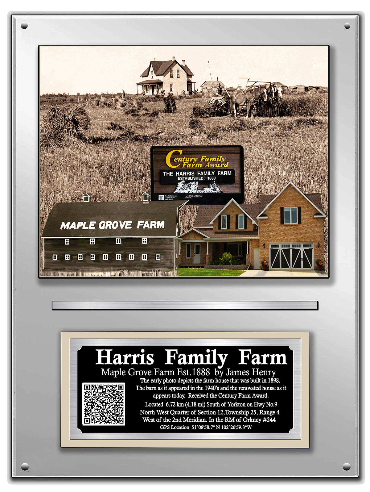 Harris Maple Grove Family Farm historical display and engraved plaque